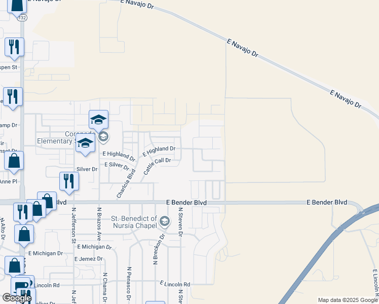 map of restaurants, bars, coffee shops, grocery stores, and more near 2549 North Green Valley Trail in Hobbs