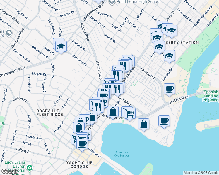 map of restaurants, bars, coffee shops, grocery stores, and more near 3046 Nimitz Boulevard in San Diego