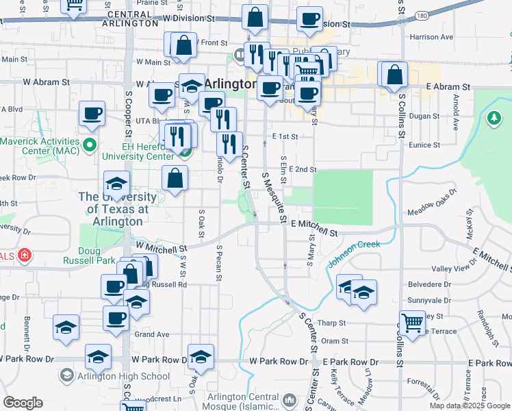 map of restaurants, bars, coffee shops, grocery stores, and more near 707 South Center Street in Arlington