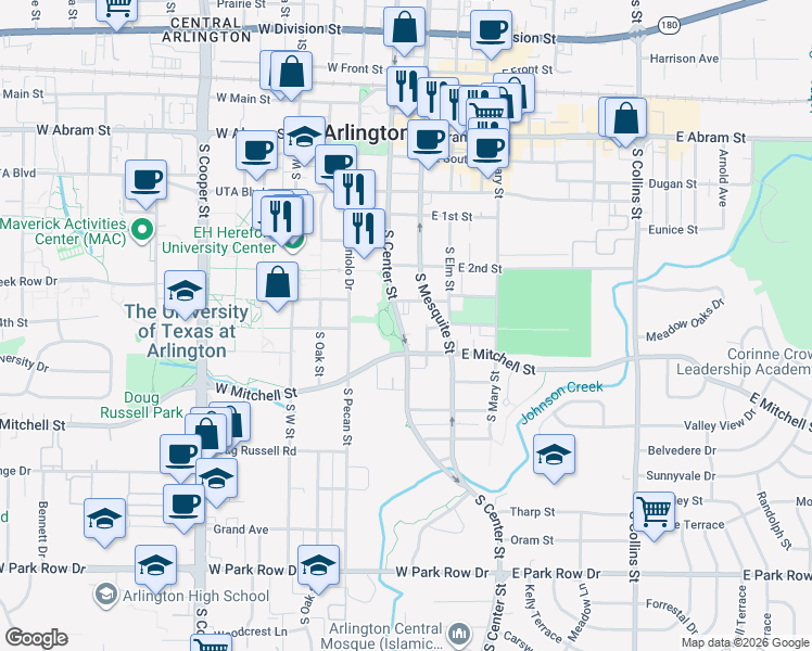 map of restaurants, bars, coffee shops, grocery stores, and more near 707 South Center Street in Arlington