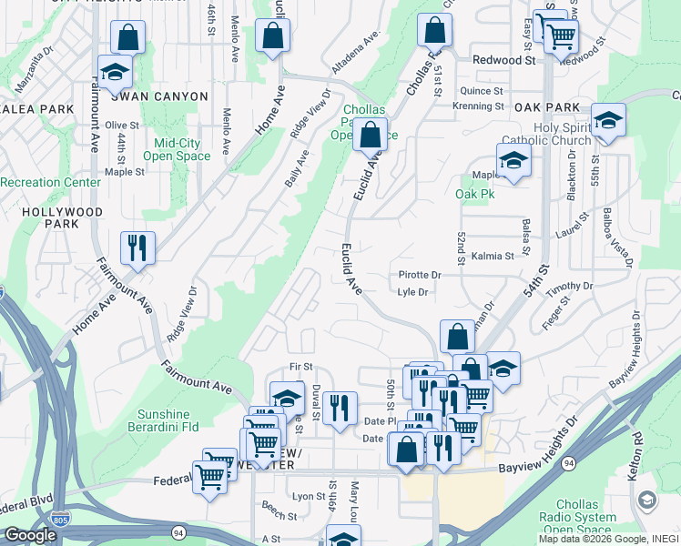 map of restaurants, bars, coffee shops, grocery stores, and more near 4918 Dalehaven Place in San Diego