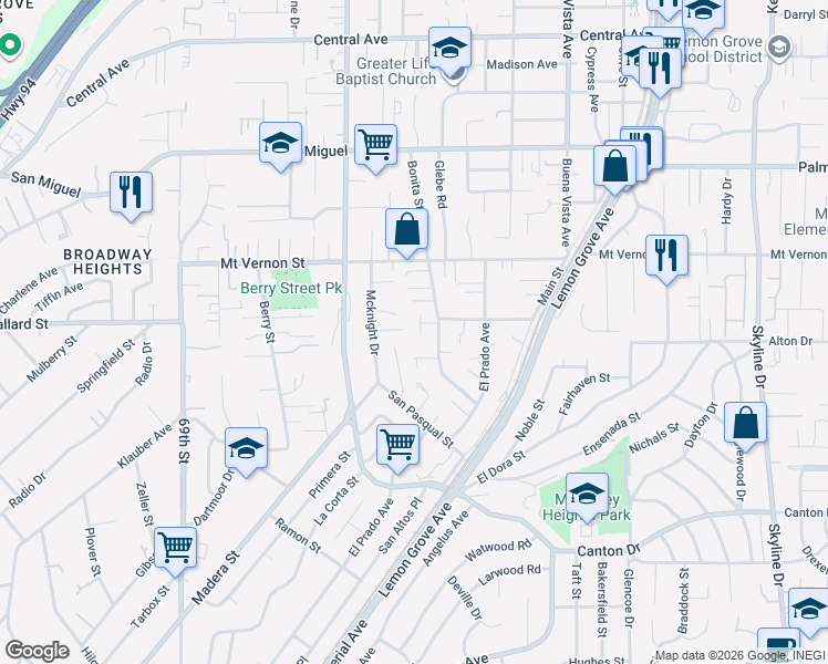 map of restaurants, bars, coffee shops, grocery stores, and more near 7302 Sarajayne Lane in Lemon Grove
