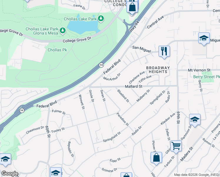map of restaurants, bars, coffee shops, grocery stores, and more near 6522 Mallard Street in San Diego