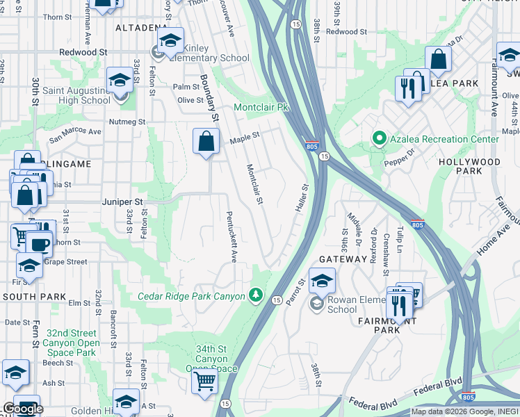 map of restaurants, bars, coffee shops, grocery stores, and more near 2323 Montclair Street in San Diego