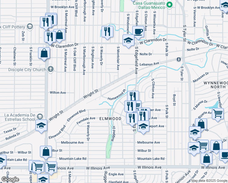 map of restaurants, bars, coffee shops, grocery stores, and more near 1619 Lansford Avenue in Dallas