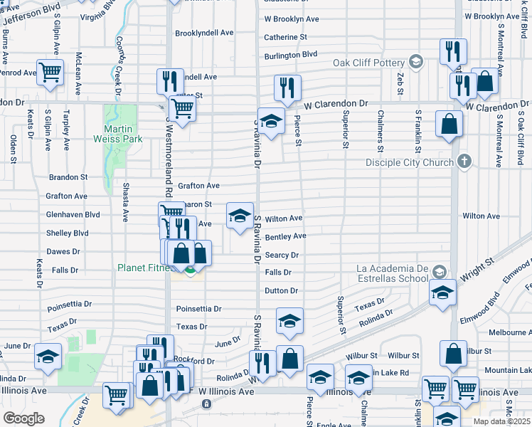 map of restaurants, bars, coffee shops, grocery stores, and more near 2855 Sharon Street in Dallas