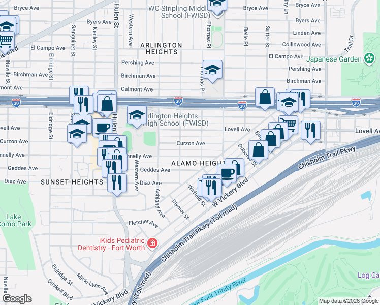 map of restaurants, bars, coffee shops, grocery stores, and more near 4220 Curzon Avenue in Fort Worth