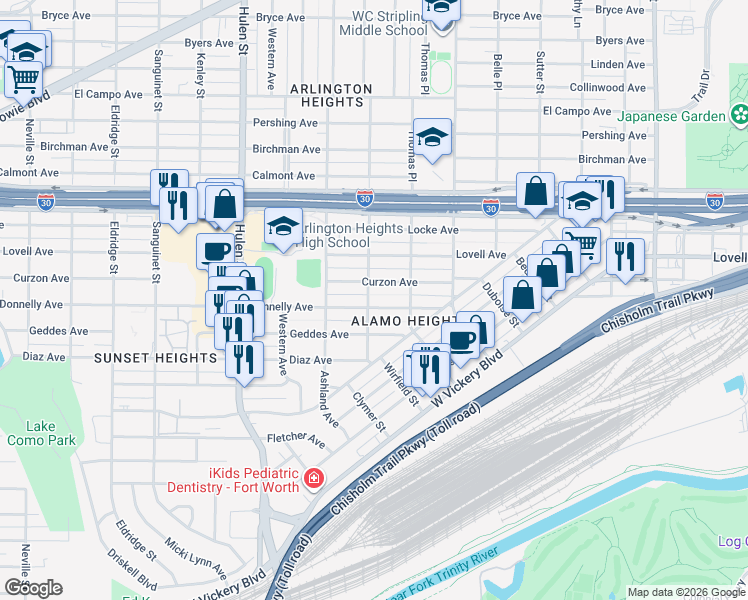 map of restaurants, bars, coffee shops, grocery stores, and more near 4220 Curzon Avenue in Fort Worth