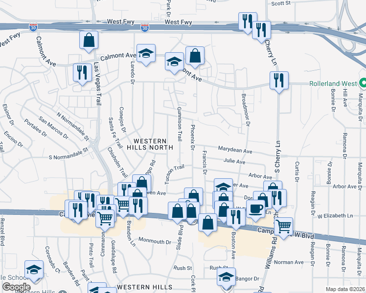 map of restaurants, bars, coffee shops, grocery stores, and more near 3024 Gunnison Trail in Fort Worth