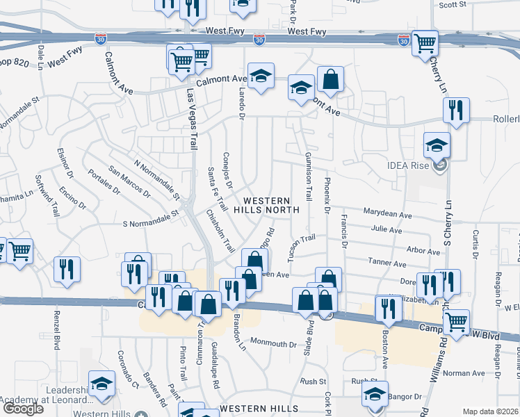 map of restaurants, bars, coffee shops, grocery stores, and more near 3109 Laredo Drive in Fort Worth