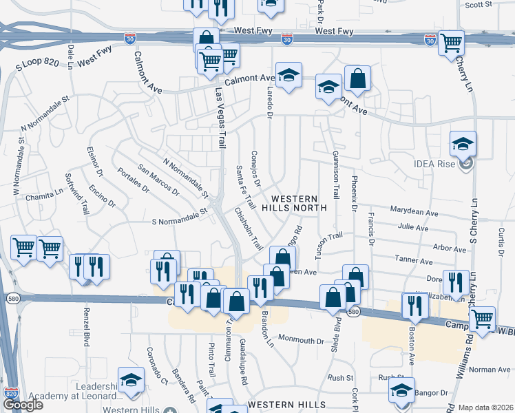 map of restaurants, bars, coffee shops, grocery stores, and more near 3100 Conejos Drive in Fort Worth