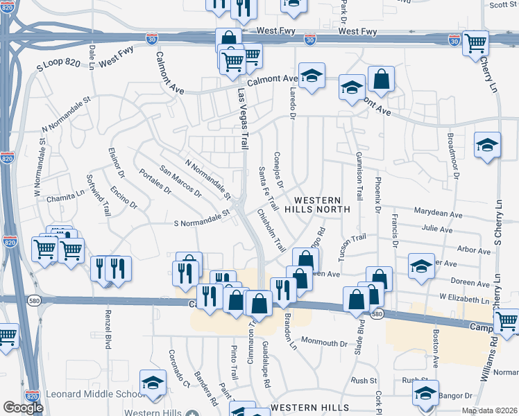 map of restaurants, bars, coffee shops, grocery stores, and more near 3024 Santa Fe Trail in Fort Worth