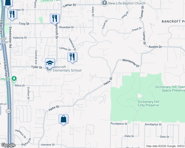 map of restaurants, bars, coffee shops, grocery stores, and more near 9160 Ivy Lane in Spring Valley