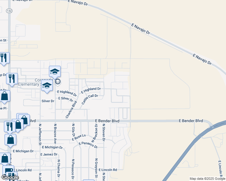 map of restaurants, bars, coffee shops, grocery stores, and more near 2548 North Green Valley Trail in Hobbs