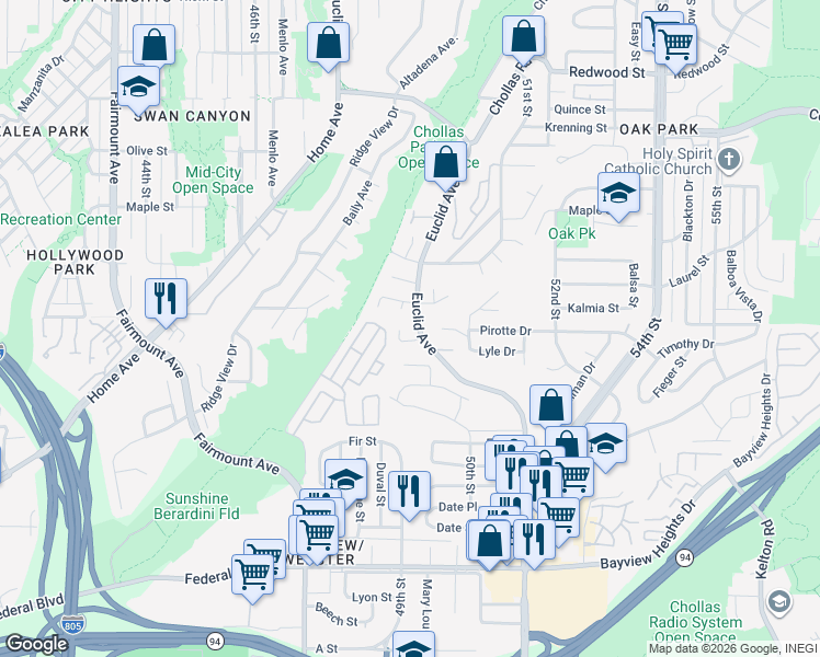 map of restaurants, bars, coffee shops, grocery stores, and more near 4918 Dalehaven Place in San Diego