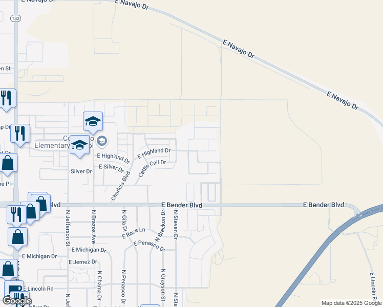 map of restaurants, bars, coffee shops, grocery stores, and more near 2548 North Green Valley Trail in Hobbs