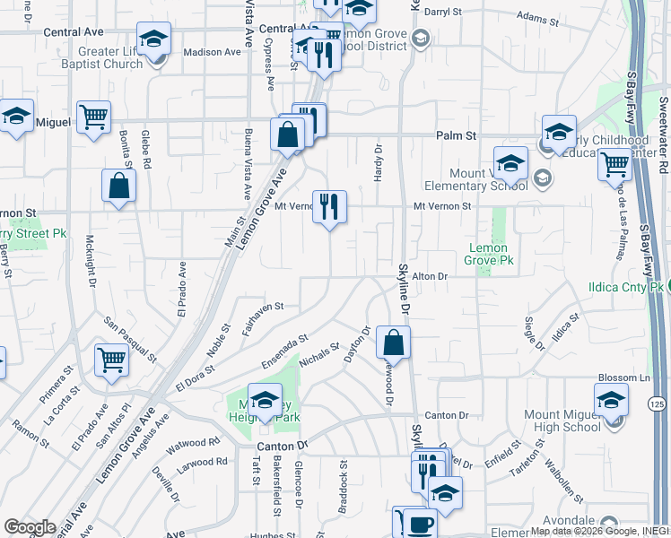 map of restaurants, bars, coffee shops, grocery stores, and more near 2271 Cypress Avenue in Lemon Grove