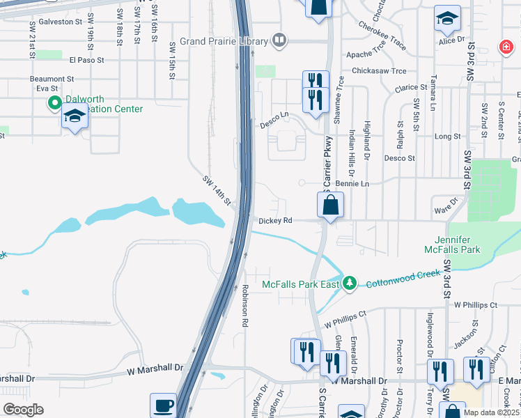 map of restaurants, bars, coffee shops, grocery stores, and more near 870 State Highway 161 in Grand Prairie