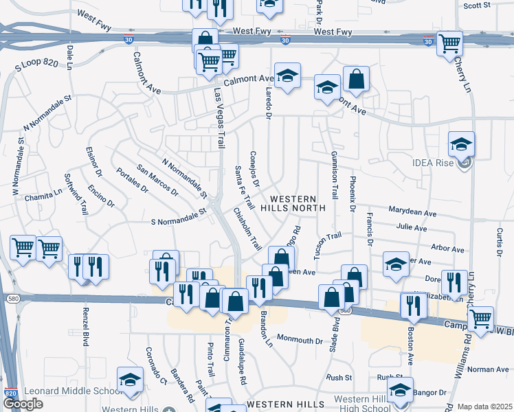 map of restaurants, bars, coffee shops, grocery stores, and more near 3105 Santa Fe Trail in Fort Worth