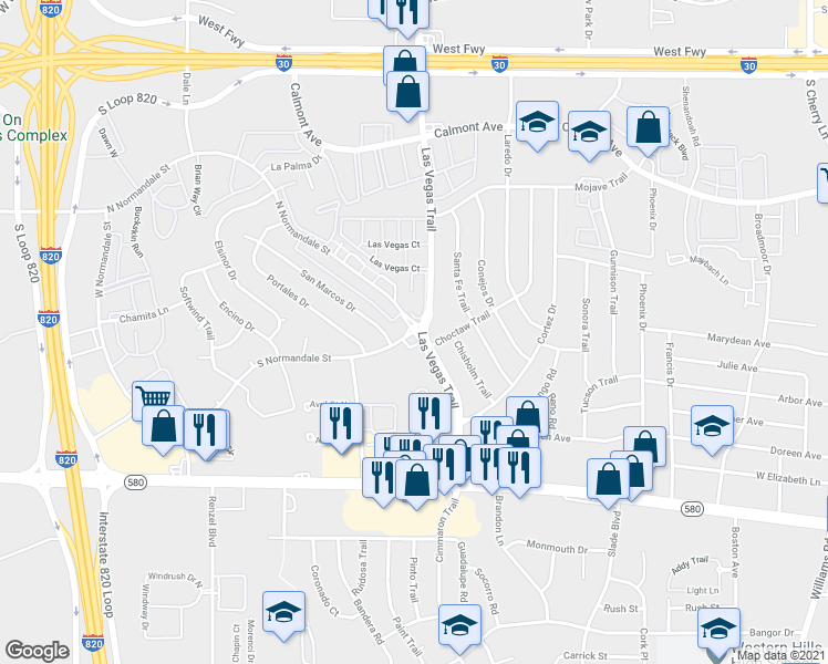 map of restaurants, bars, coffee shops, grocery stores, and more near 8059 North Normandale Street in Fort Worth