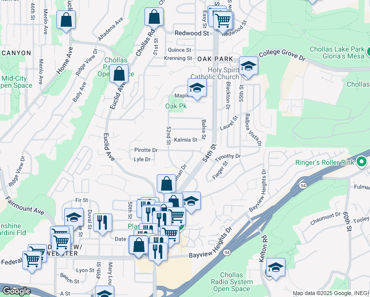 map of restaurants, bars, coffee shops, grocery stores, and more near 5252 Pirotte Drive in San Diego