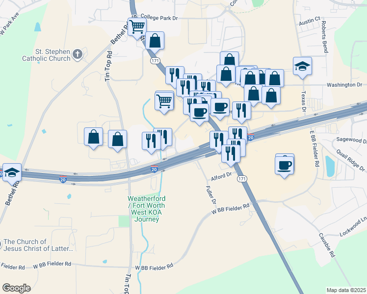 map of restaurants, bars, coffee shops, grocery stores, and more near 148 Interstate 20 in Weatherford