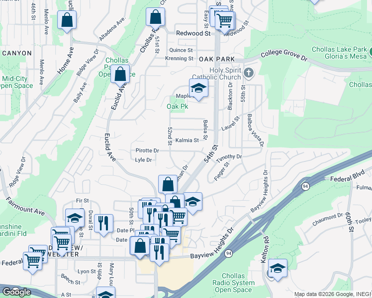 map of restaurants, bars, coffee shops, grocery stores, and more near 5252 Pirotte Drive in San Diego