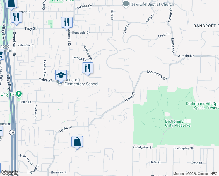map of restaurants, bars, coffee shops, grocery stores, and more near 9160 Ivy Lane in Spring Valley