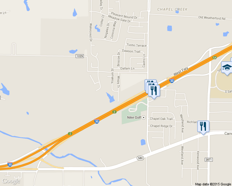 map of restaurants, bars, coffee shops, grocery stores, and more near 3040 Yoakum Street in Fort Worth