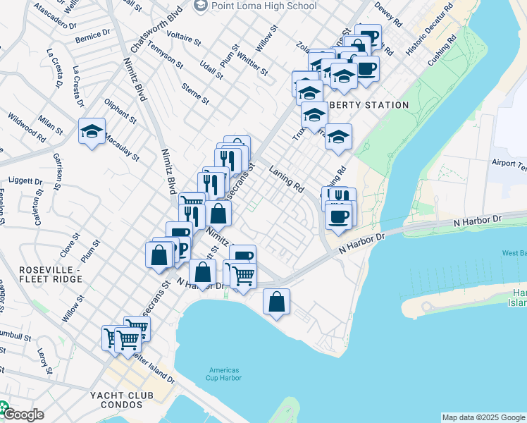 map of restaurants, bars, coffee shops, grocery stores, and more near 2843 Hornet Way in San Diego