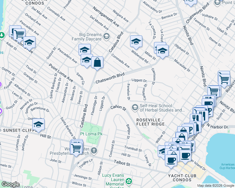map of restaurants, bars, coffee shops, grocery stores, and more near 1415 Liggett Way in San Diego