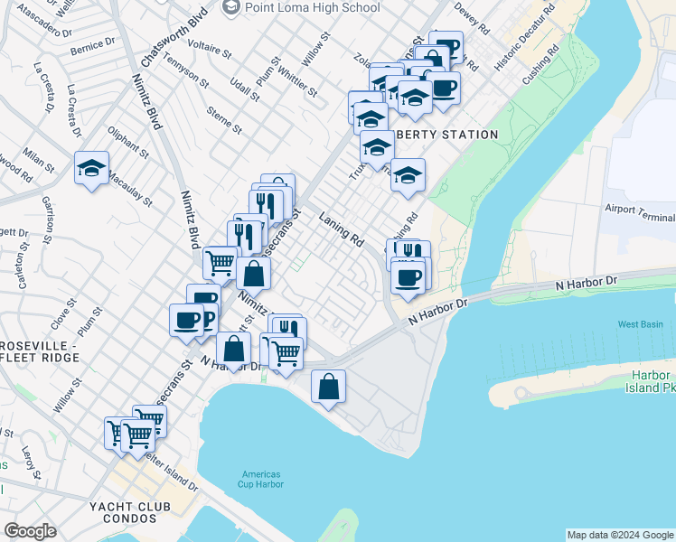 map of restaurants, bars, coffee shops, grocery stores, and more near 2843 Hornet Way in San Diego
