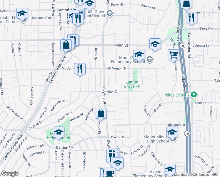 map of restaurants, bars, coffee shops, grocery stores, and more near 2210 Morose Street in Lemon Grove