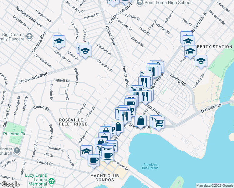 map of restaurants, bars, coffee shops, grocery stores, and more near 1615 Willow Street in San Diego