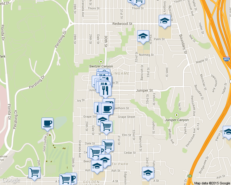 map of restaurants, bars, coffee shops, grocery stores, and more near 2312 31st Street in San Diego