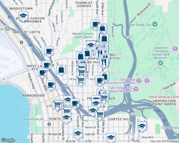 map of restaurants, bars, coffee shops, grocery stores, and more near in San Diego