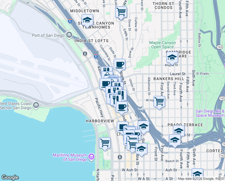 map of restaurants, bars, coffee shops, grocery stores, and more near 2446 India Street in San Diego