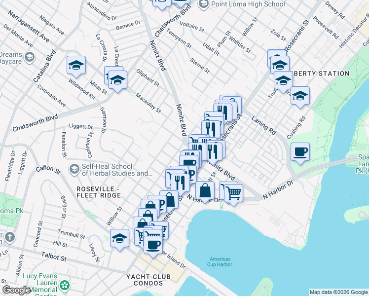 map of restaurants, bars, coffee shops, grocery stores, and more near 3219 Lowell Street in San Diego