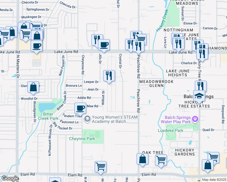 map of restaurants, bars, coffee shops, grocery stores, and more near 2800 Cottonwood Lane in Balch Springs