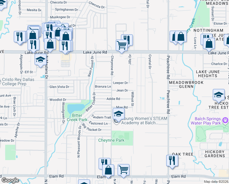 map of restaurants, bars, coffee shops, grocery stores, and more near 1040 Cheyenne Road in Dallas