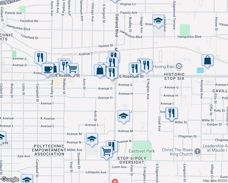 map of restaurants, bars, coffee shops, grocery stores, and more near 4204 Avenue G in Fort Worth