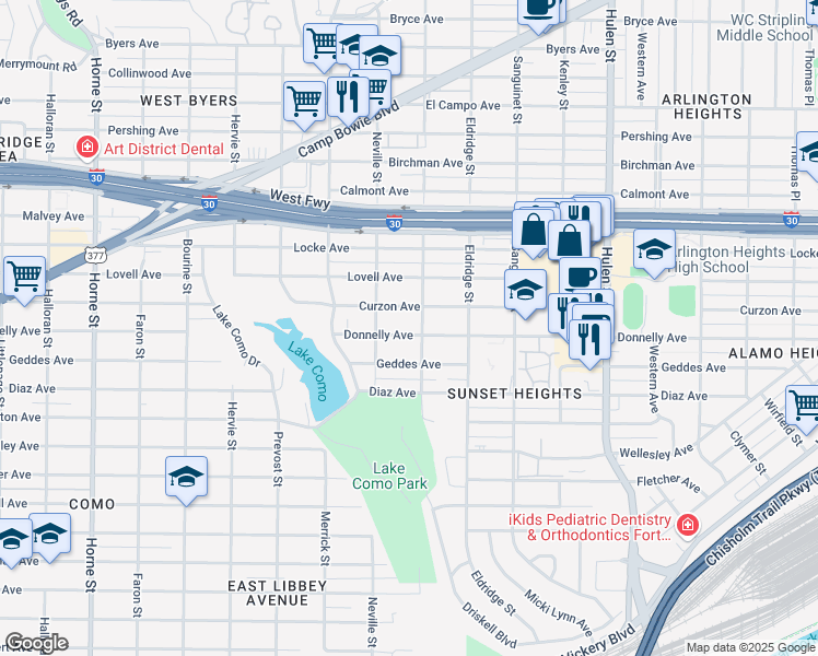 map of restaurants, bars, coffee shops, grocery stores, and more near 4939 Curzon Avenue in Fort Worth