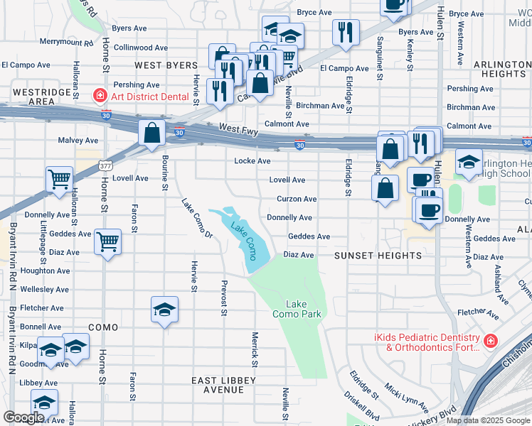 map of restaurants, bars, coffee shops, grocery stores, and more near 5133 Curzon Avenue in Fort Worth