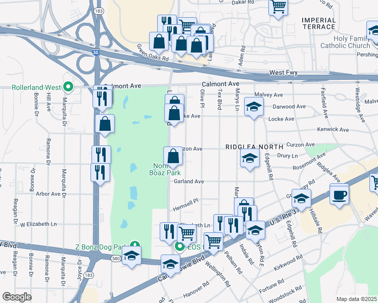 map of restaurants, bars, coffee shops, grocery stores, and more near 6708 Curzon Avenue in Fort Worth