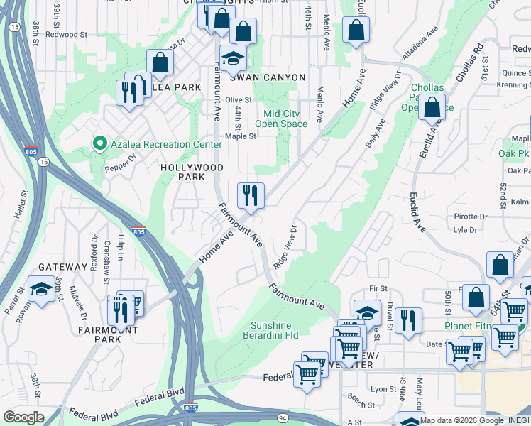 map of restaurants, bars, coffee shops, grocery stores, and more near 4455 Home Avenue in San Diego
