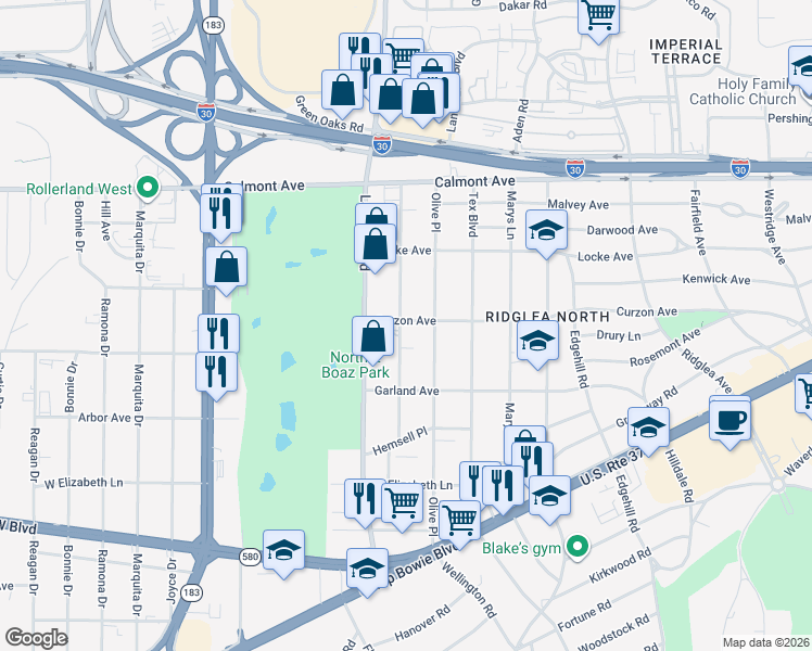 map of restaurants, bars, coffee shops, grocery stores, and more near 6708 Curzon Avenue in Fort Worth