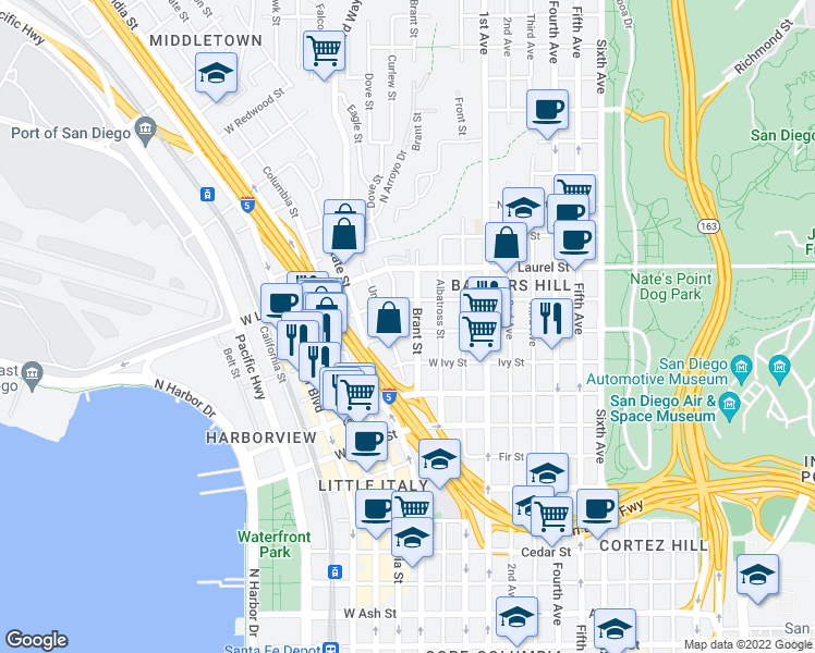 map of restaurants, bars, coffee shops, grocery stores, and more near 408 West Juniper Street in San Diego