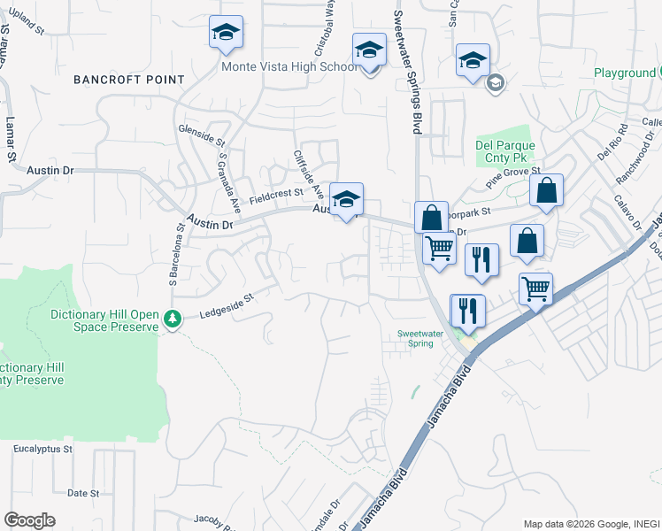 map of restaurants, bars, coffee shops, grocery stores, and more near 10031 Nuerto Lane in Spring Valley