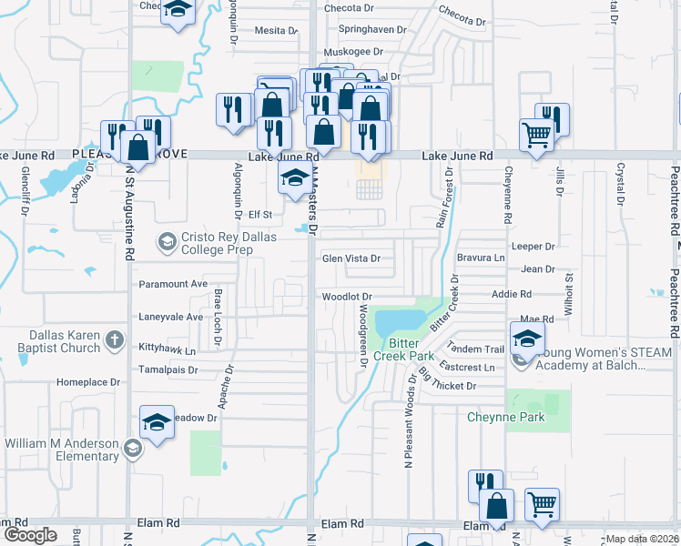 map of restaurants, bars, coffee shops, grocery stores, and more near 10212 Pondwood Drive in Dallas