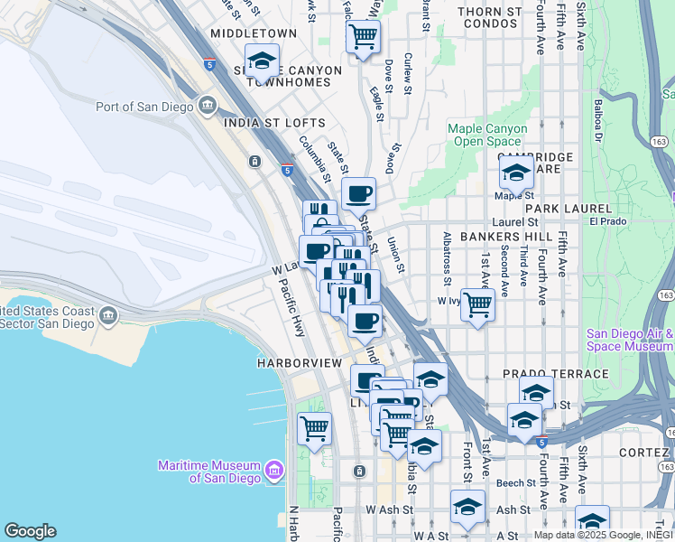 map of restaurants, bars, coffee shops, grocery stores, and more near 2446 India Street in San Diego